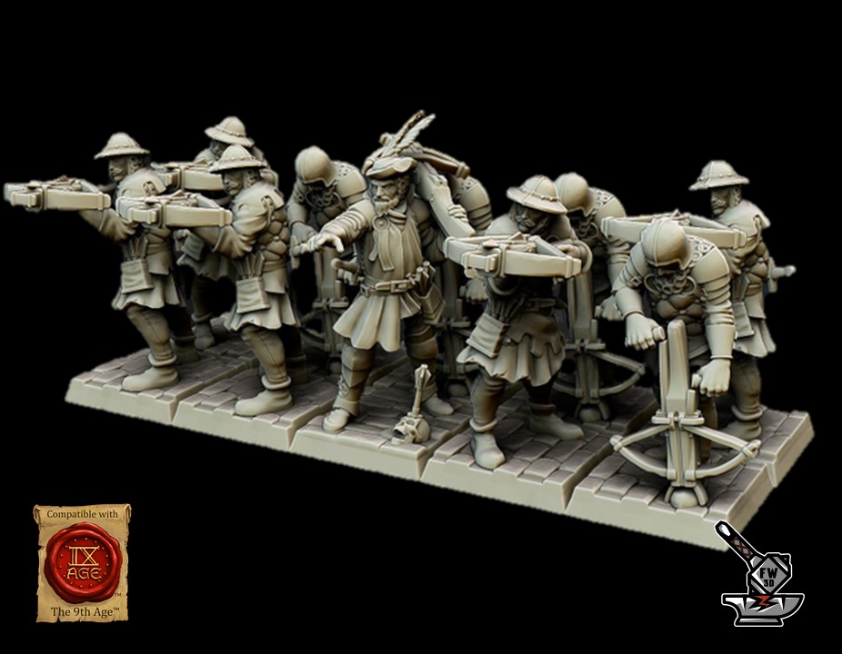 10 crossbowmen with bulwarks in the front row and champion