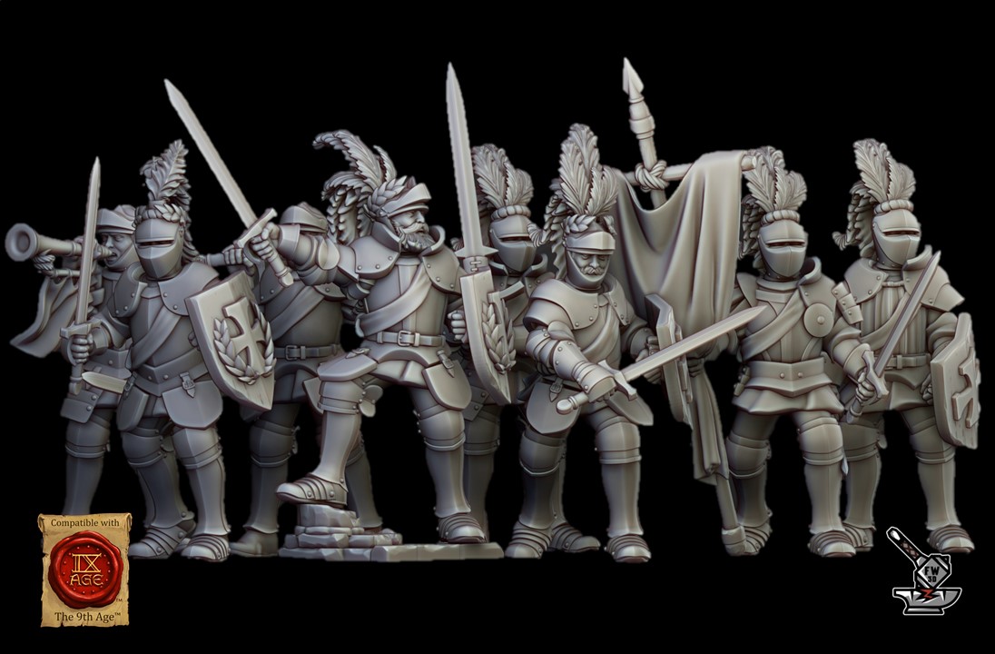 10 chevaliers impériaux de l'Empire à pied avec épées avec état-major complet ( SUNLAND)