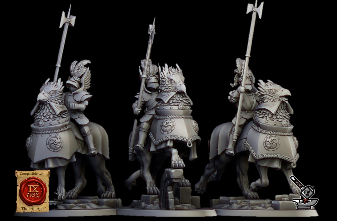 3 chevaliers du soleil levant sur demi-griphs avec hallebardes et décors de socles (Knights of the Rising Sun)