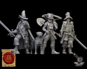 3 chasseurs de sorcières avec chien de guerre