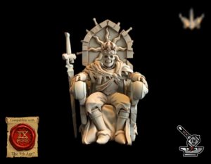 Roi conquistador squelette sur trône