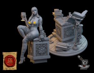 Merlin l'enchanteresse seins nus et sans chapeau avec socle scénique