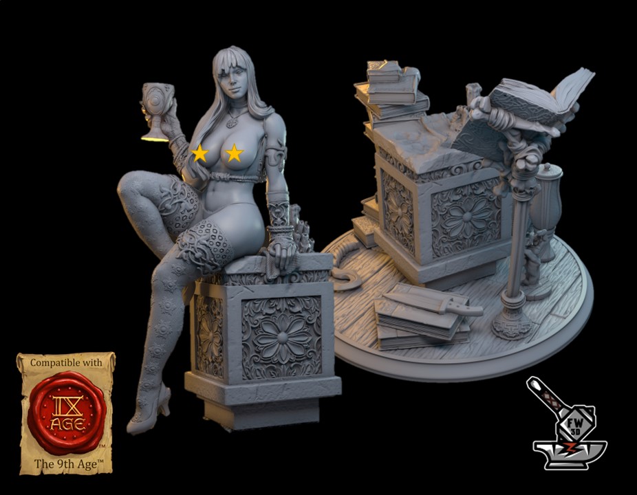 Merlin l'enchanteresse seins nus et sans chapeau avec socle scénique