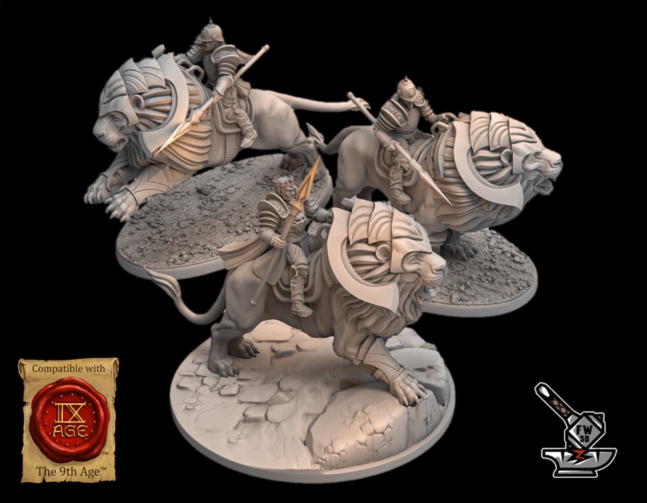 Roi Aethor avec ses gardes d'honneur de Khra montés sur lions féroces