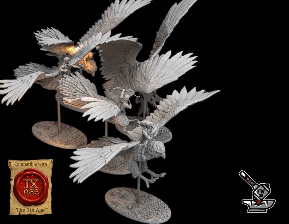 5 giant Hellesburne falcon riders with bows