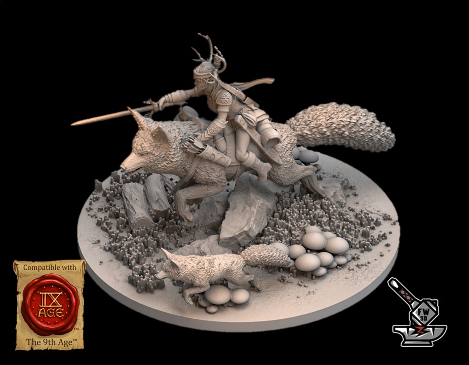 Queen mounted on giant fox with scenic base