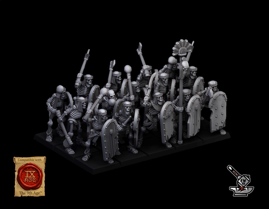 10 guerriers squelettes des nécropoles avec armes de base, boucliers et EMC