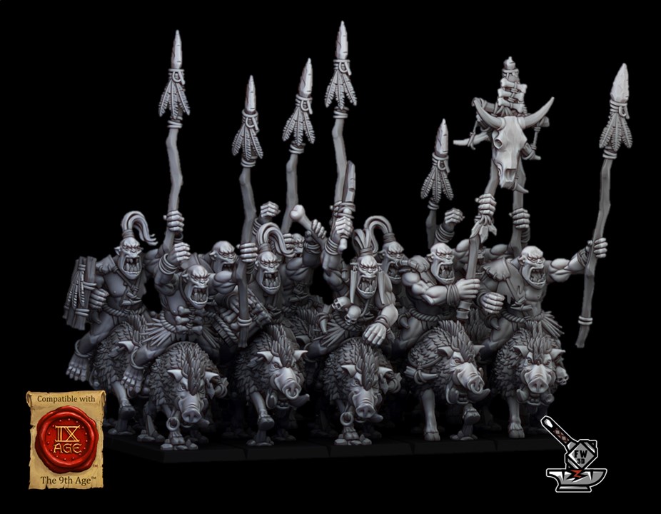 10 chevaucheurs de sangliers Orc sauvages avec armes de base et boucliers