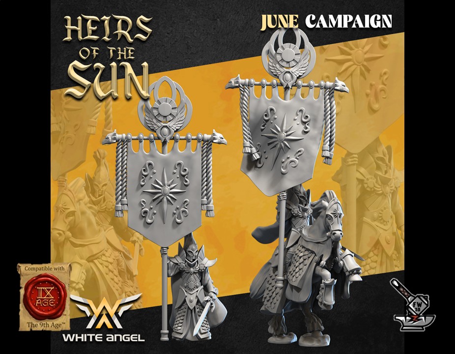 2 Héros Elfes Heirs of the Sun à pied et monté avec grande bannière (bannières non gravées)