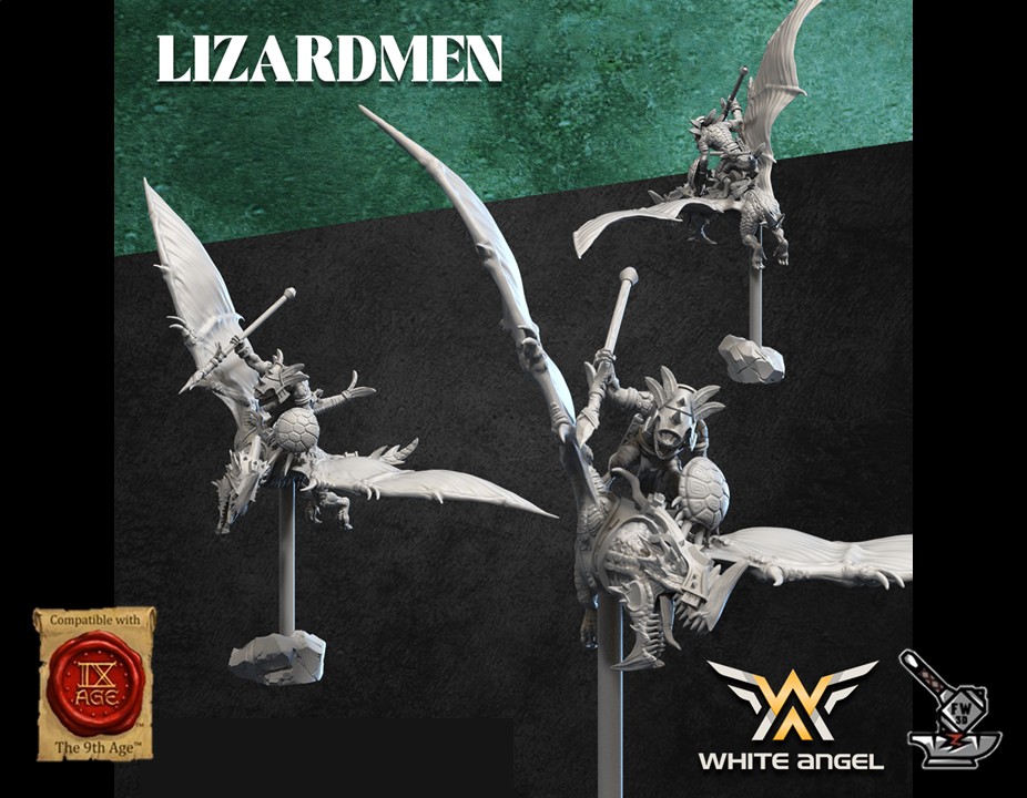 3 Skycrawler Lizards with Spears and Shields