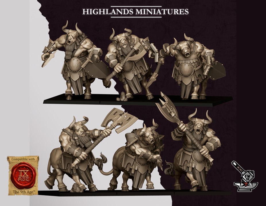 6 Minotaures Sons of Marduk avec haches à deux main, armes et boucliers