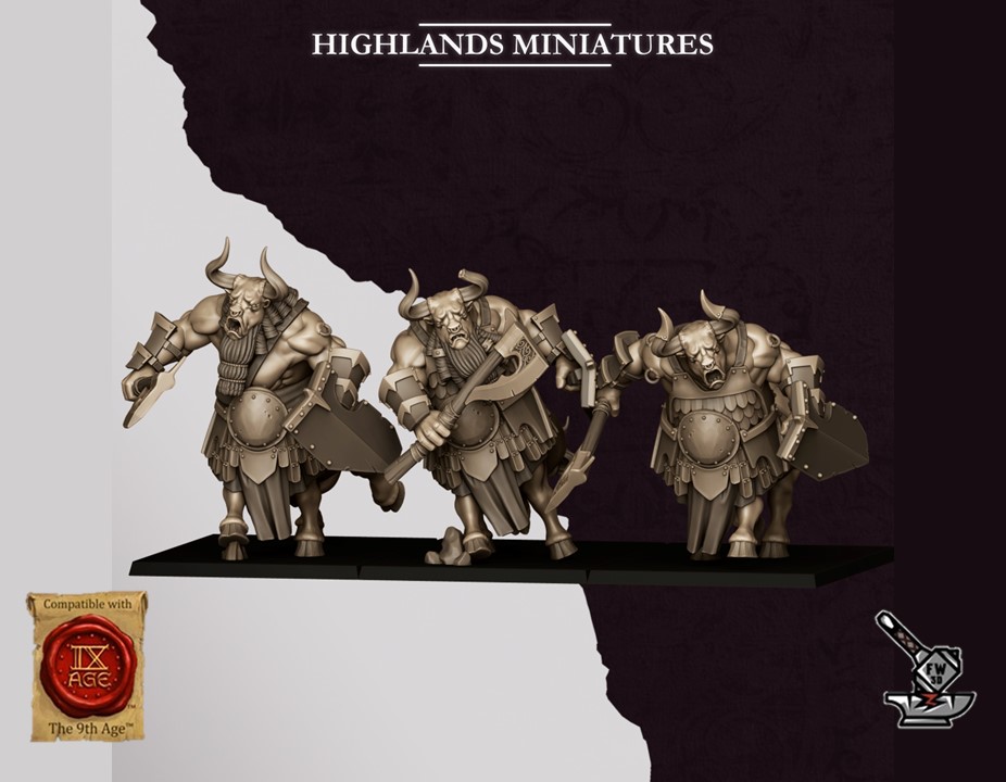 3 Minotaures Sons of Marduk avec armes et boucliers