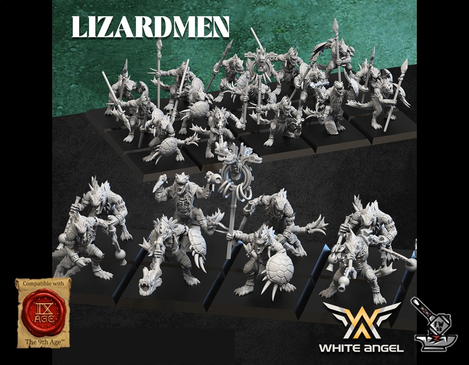 10 Lézards Slippery avec lances et boucliers