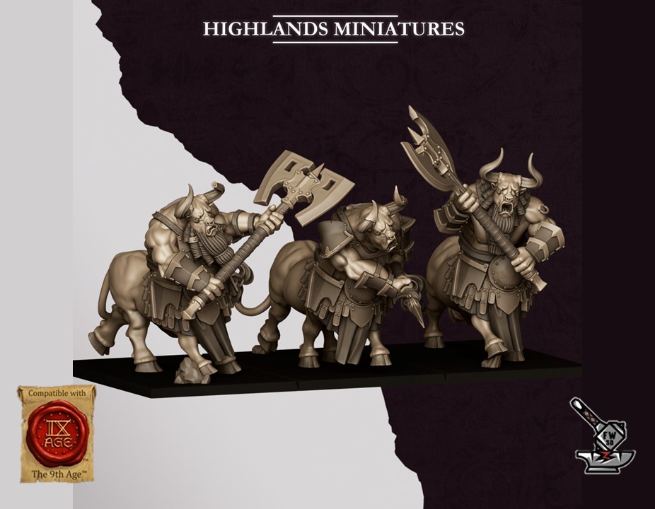 3 Minotaures Sons of Marduk avec haches à deux mains