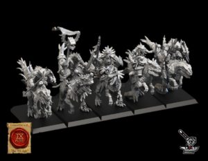5 chevaucheurs Lézards avec armes et boucliers
